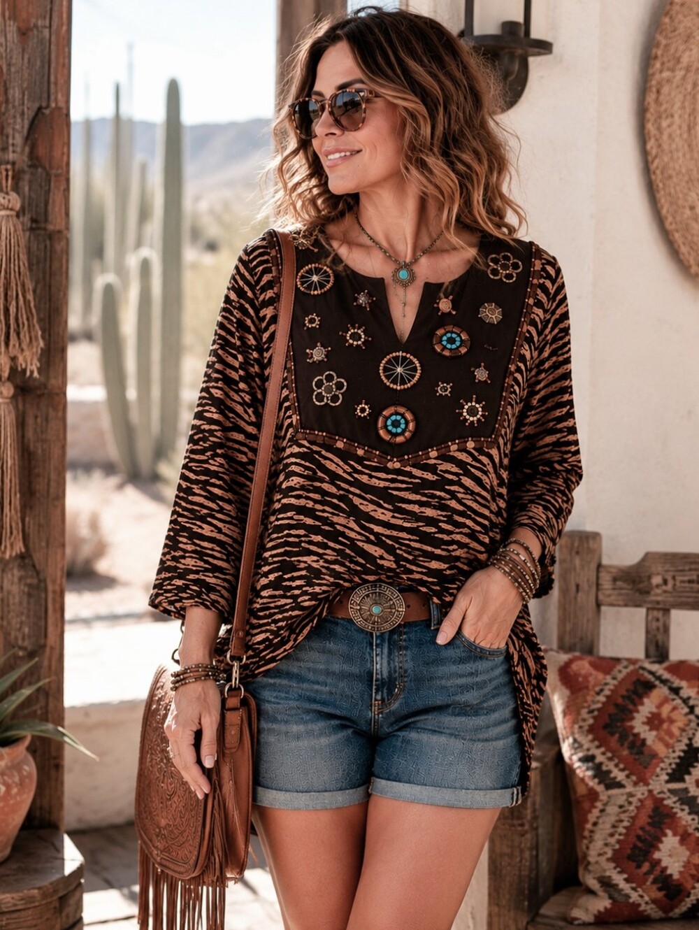 New Directions 1X Boho Zebra Print Embellished Tunic Top Western Boutique